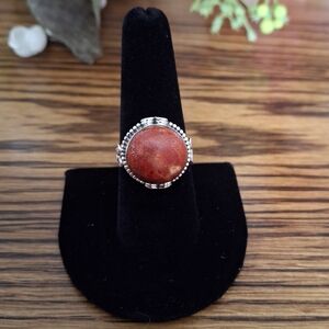 Ring Red Coral Round Natural Stone Sterling Silver Size 8
